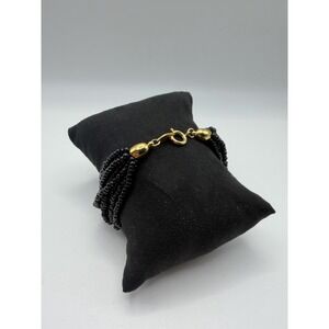 Trifari Vintage Black Multi Strand Seed Bead Bracelet Gold Tone 10 Row 8 Inch